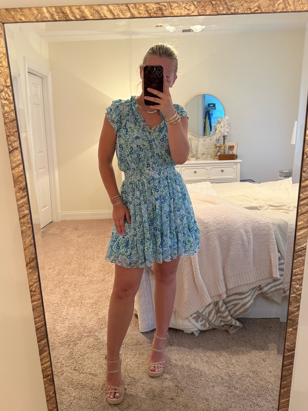 Shoshanna Sky Blue Floral Smocked-Waist Mini Dress